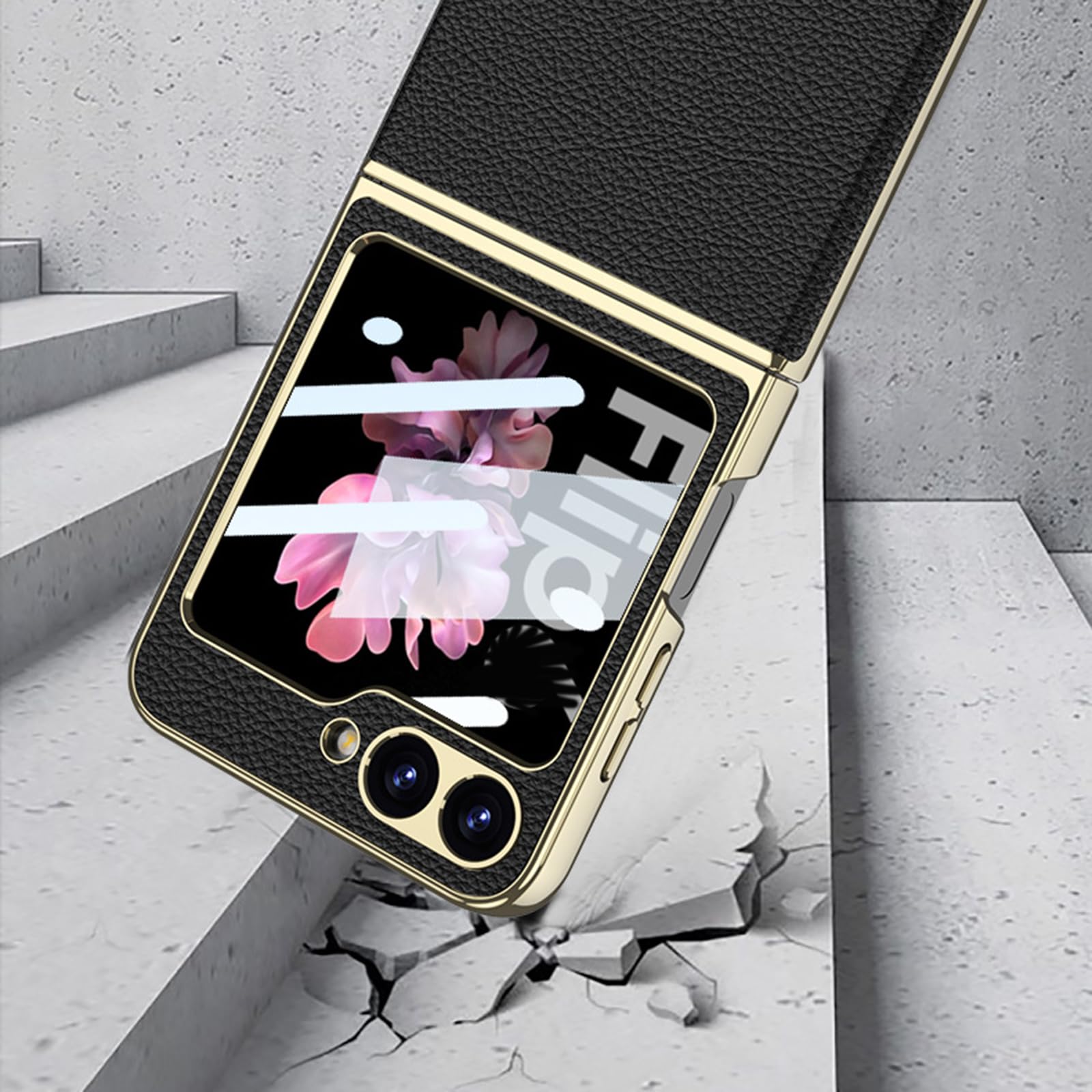 Etui do Samsung Galaxy Z Flip 7, luksusowe galwanizowane skórzane etui ochronne z osłoną ekranu, bezprzewodowe ładowanie, czarny, Flip 7