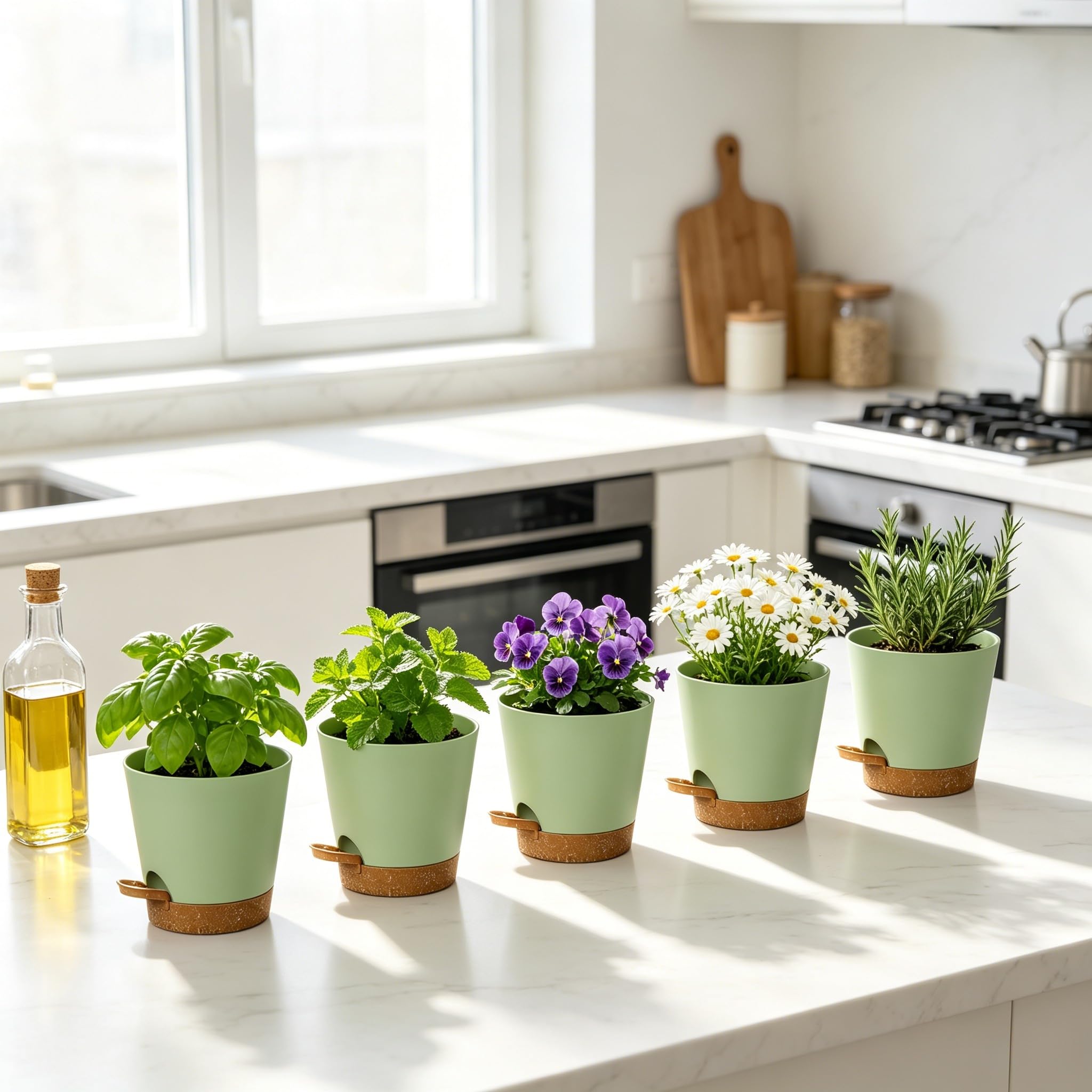 Lot de 5 pots de fleurs à arrosage automatique de 12,7 cm avec trous de drainage et réservoir - Pots de fleurs modernes en plastique pour intérieur et extérieur (vert marron)