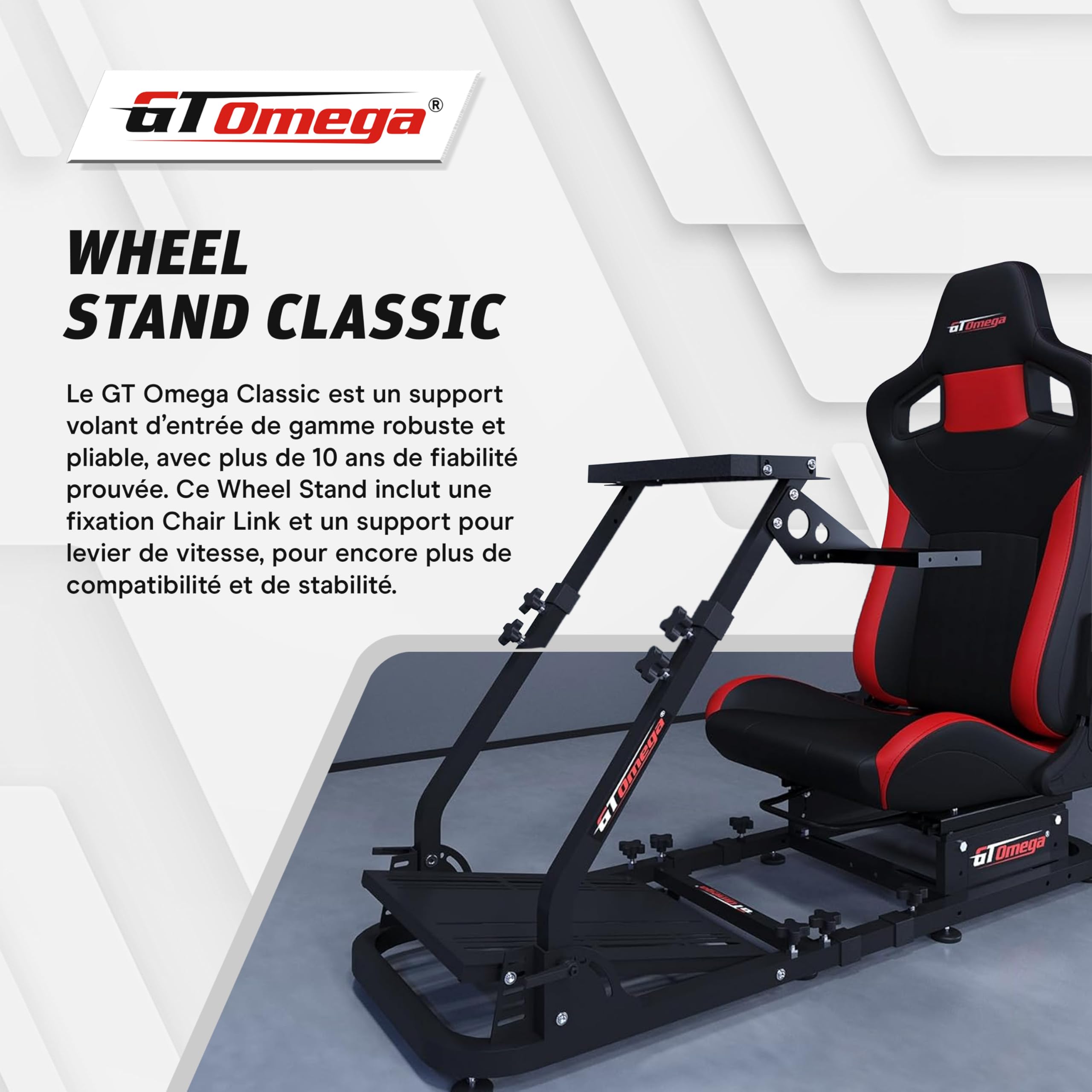 GT OMEGA Classic Wheel Stand – Support Volant Pliable d’Entrée de Gamme, Pré-équipé d’un Support Levier et Chair Link Inclus, Réglable et Prêt à Évoluer