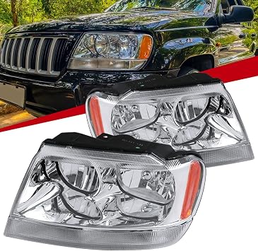 Carpartsinnovate Fits 99-04 Jeep Grand Cherokee Clear Headlights Headlamps Left+Right Pair