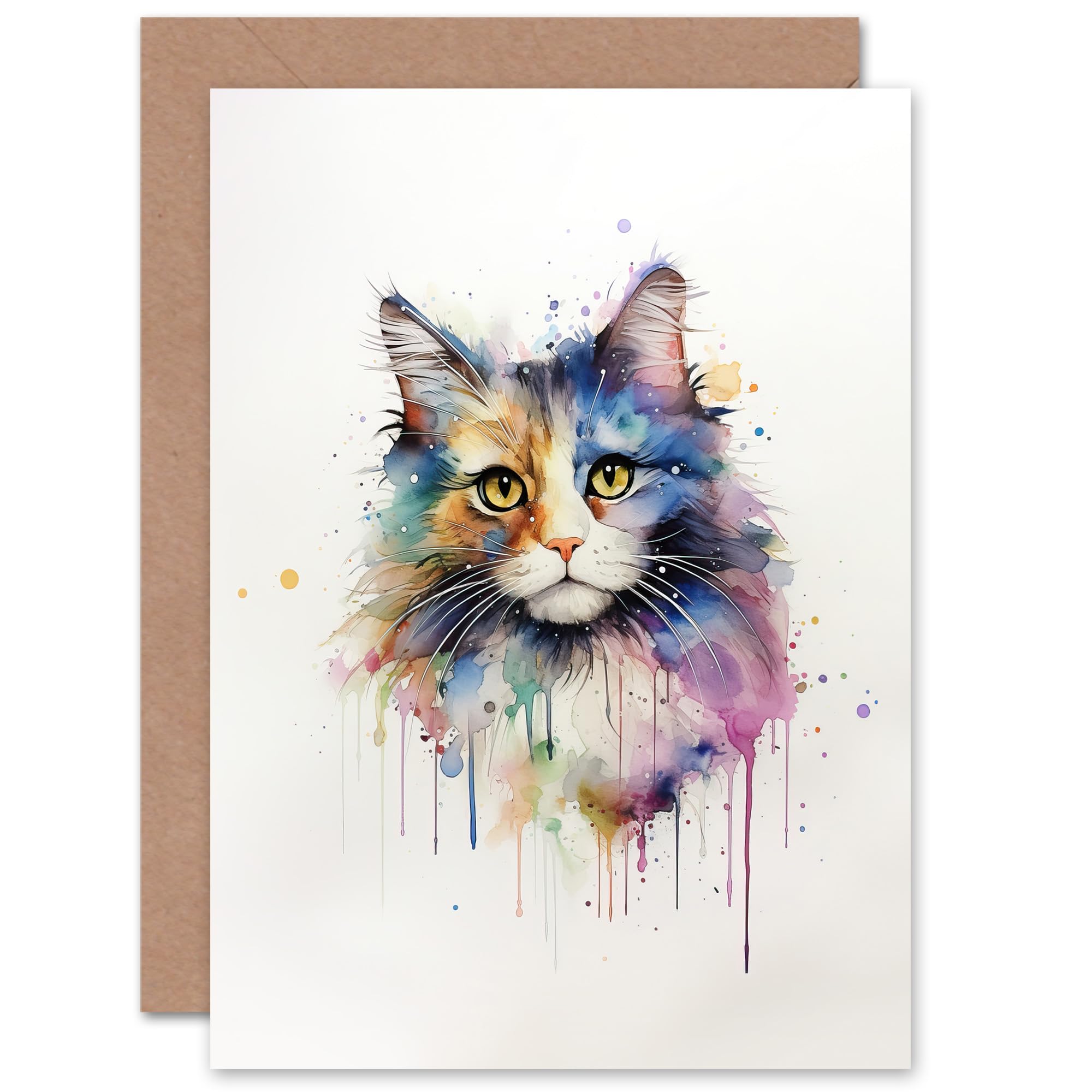 Artery8 Norwegian Forest Cat Lovers Gift Watercolour Pet Portrait Painting Artwork Sealed Greeting Card Plus Envelope Blank inside