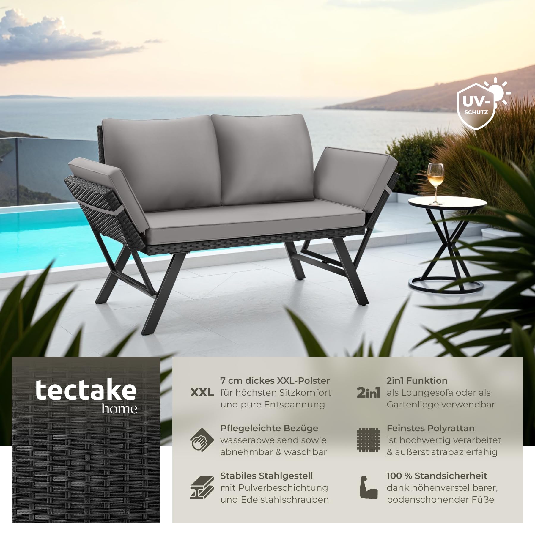 tectake® Rattan Loungesofa und Sonnenliege, Gartenmöbel, Lounge Möbel Outdoor, Sitzbank Schlaffunktion, Couch klappbarer Armlehne, Balkonmöbel, Gartenbank, Sofa, Balkon Möbel - hellgrau/schwarz