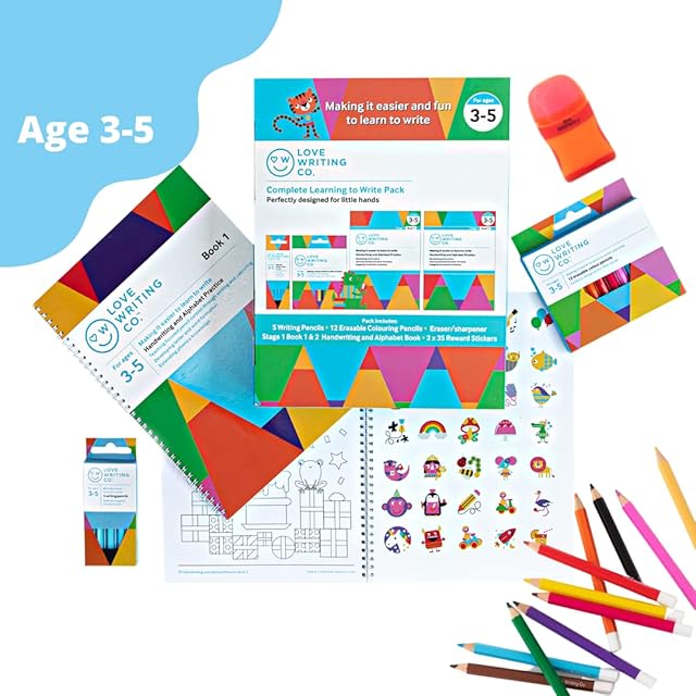 Love Writing Co. Beginners Learn To Write Pack Age 3-5yrs | 5 Writing Pencils | 2 X Alphabet & Handwriting Practice Books | 12 Erasable Colour Pencils | Phonic Friendly | Pencil Control & Grip