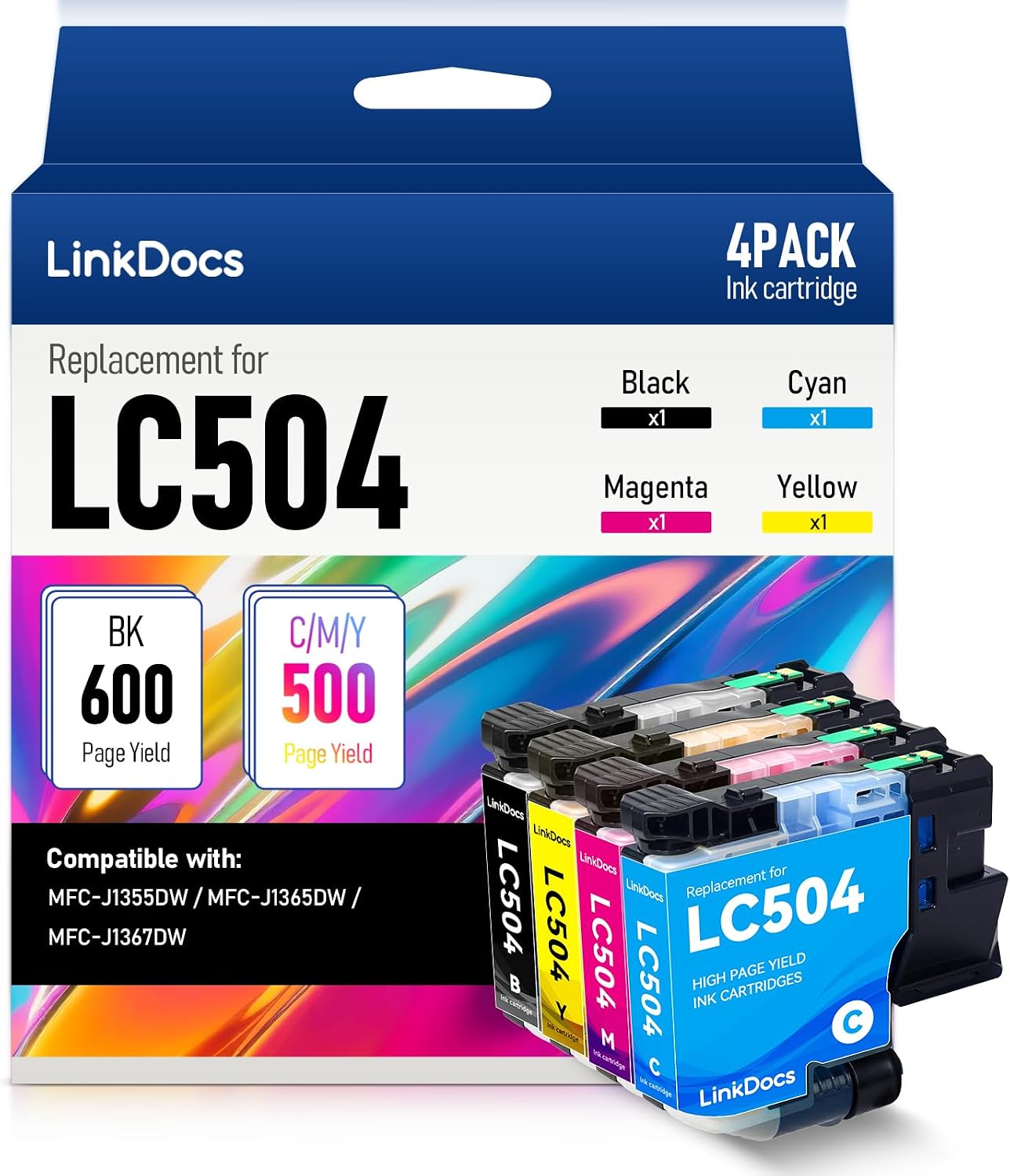 LinkDocs LC504 Ink Cartridges Combo Pack Compatible Replacement for LC504 Ink Cartridges for Brother Printer MFC-J1355DW MFC-J1365DW MFC-J1367DW Printer Ink (Black/Cyan/Yellow/Maganta, 4-Pack)