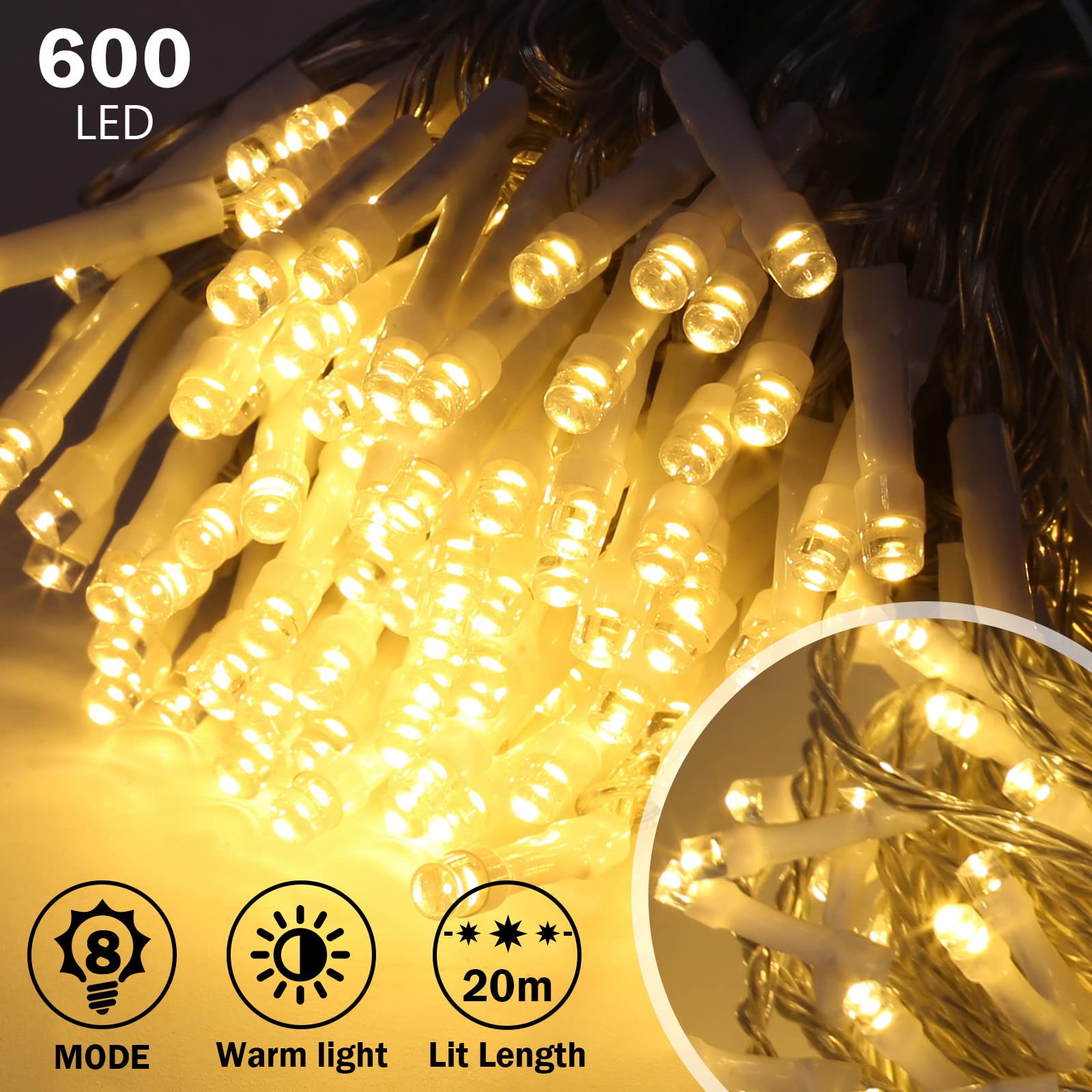 Ikodm Łańcuch świetlny na zewnątrz, 600 diod LED, kurtyna świetlna, 15 m, IP44, 8 trybów pracy, do sypialni, na wesele, Boże Narodzenie, imprezę, ciepła biel