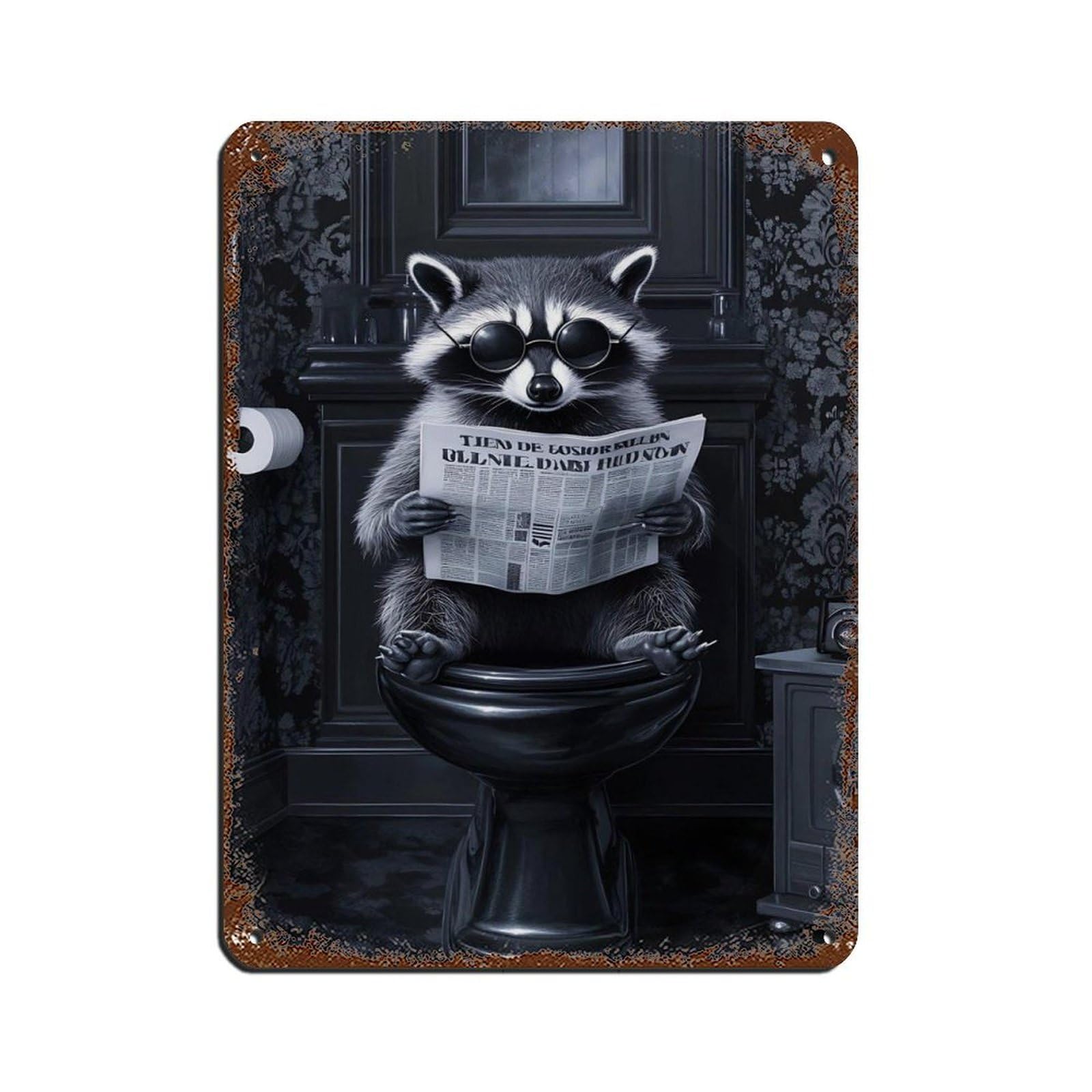 Lxwnze 30L X 40W Cm Funny Raccoon,Raccoon Reading Newspaper Tin Sign Vintage Metal Pub Club Cafe Bar Home Wall Art Decoration Poster Retro 12X16inch(30X40cm)