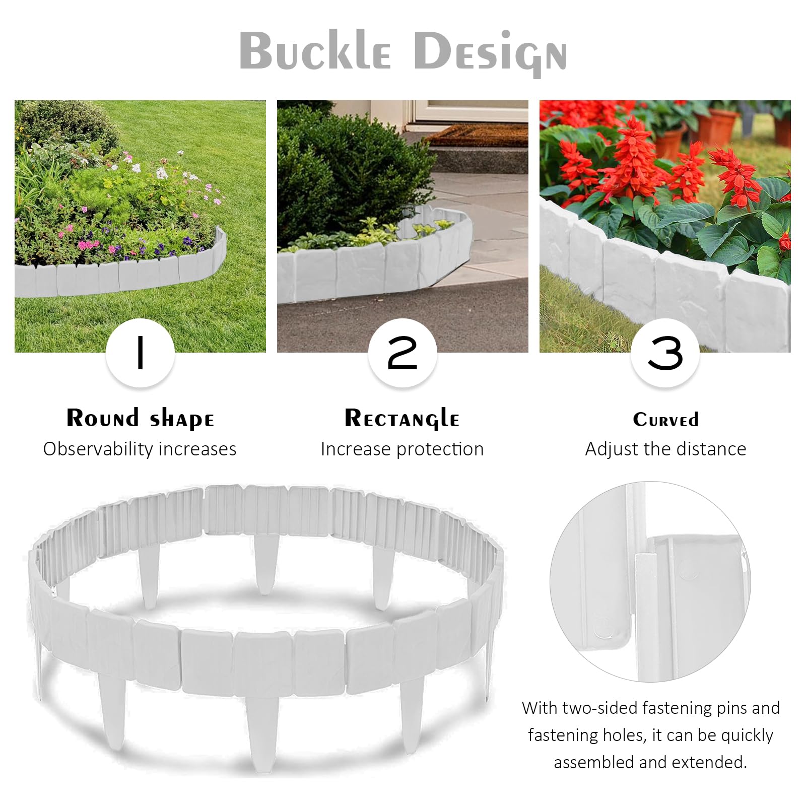 Rasenkante Kunstoff, 15m Flexibler Steinoptik Beeteinfassung, 60 Stücke PP Beetumrandungen Mähkante, Rasenkanten Steinoptik Palisade für Blumen Gartenzaun Decorativ, L 25 x H 23 cm - Weiß