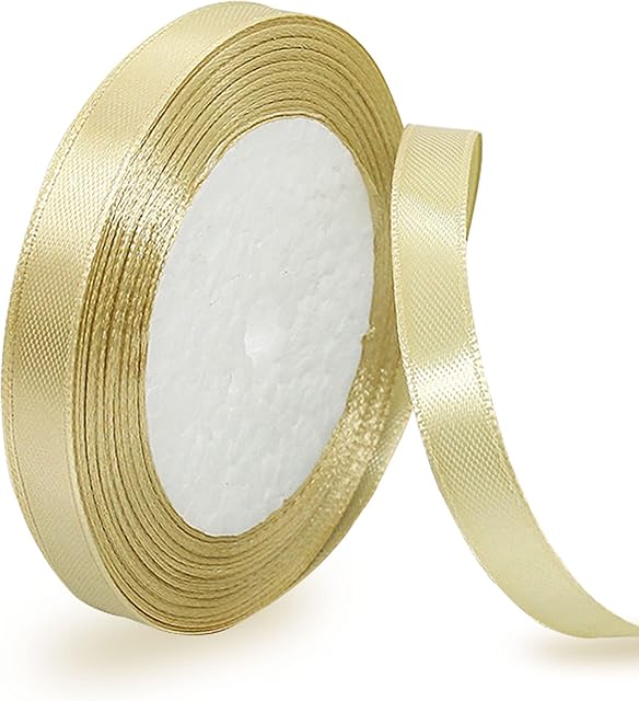 Gold Satin Ribbon 10mm, 23 Meters Solid Colors Fabric Ribbon for Crafting, Gift Wrapping, Balloons, DIY Sewing Project, Hair Bows and Cake Decoration
