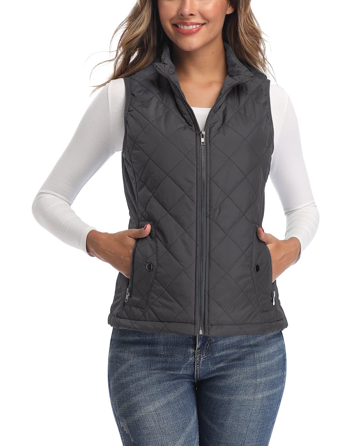 Longking Women's Dark Grey Outwear Vest - Stand Collar Lightweight Zip Quilted Vest For L
