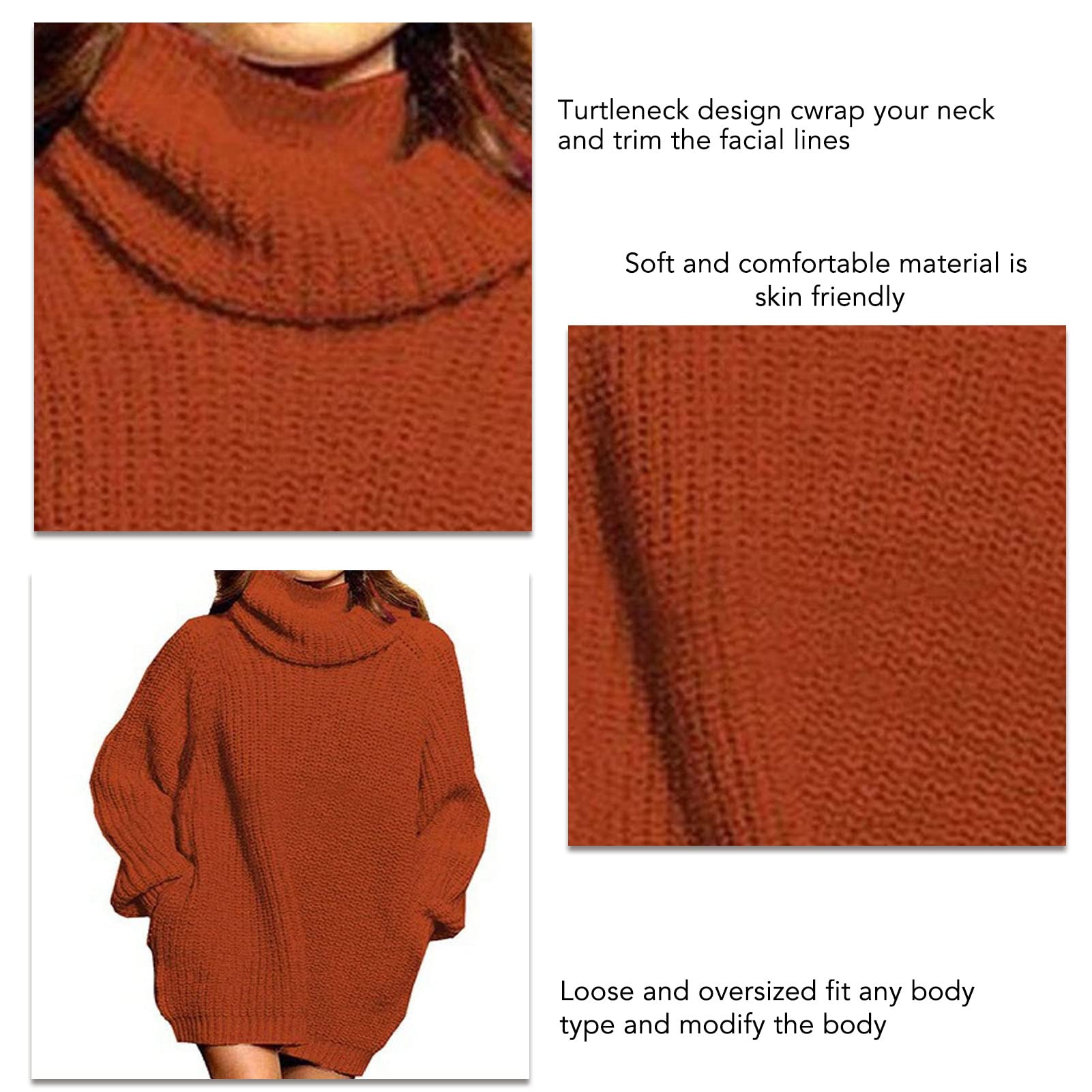 Robe Pull à col roulé Robe Pull à Manches Longues Pull à Col Roulé Robe Femmes à Manches Longues Surdimensionné Décontracté Pull en Tricot Pull Hauts pour L'automne Hiver(XL-Rouge brunâtre)