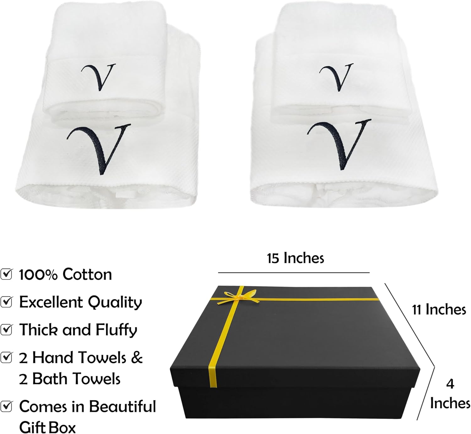 Luxury Monogrammed Towels Set - 4 Pack Soft Cotton Bath and Hand Towel Set - White Bath Towels for Hotel, Spa, Gym & Beach - Gifts for Men, Women, and Kids (Initial V, 4 Pack Gift Packaging) - Image 2