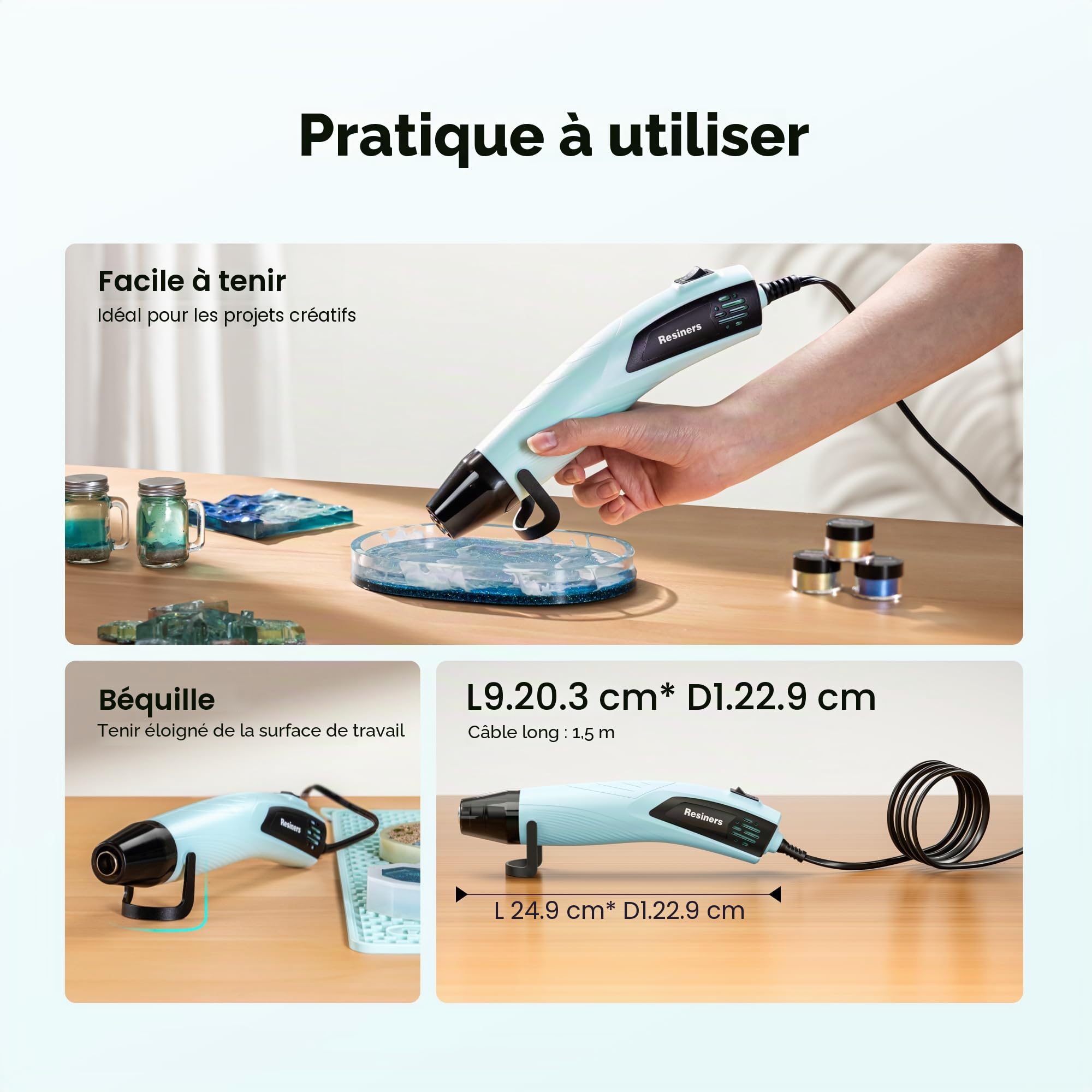 Resiners Mini Décapeur Thermique 2 Réglages Températures 255 ℃/350 ℃, 350W Pistolet à Air Chaud Portatif avec 3 Buses, Support Pliable, pour résine époxy, Emballage Rétractable, Bricolage