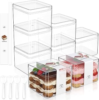 25 Pack Tiramisu Containers with Lids, Reusable Clear Dessert Cups with Spoons and Stickers, Plastic Parfait Cups for Cookie, Macaron, Pudding, Mousse (3.35 x 3.35 x 2.56 Inch,Square)