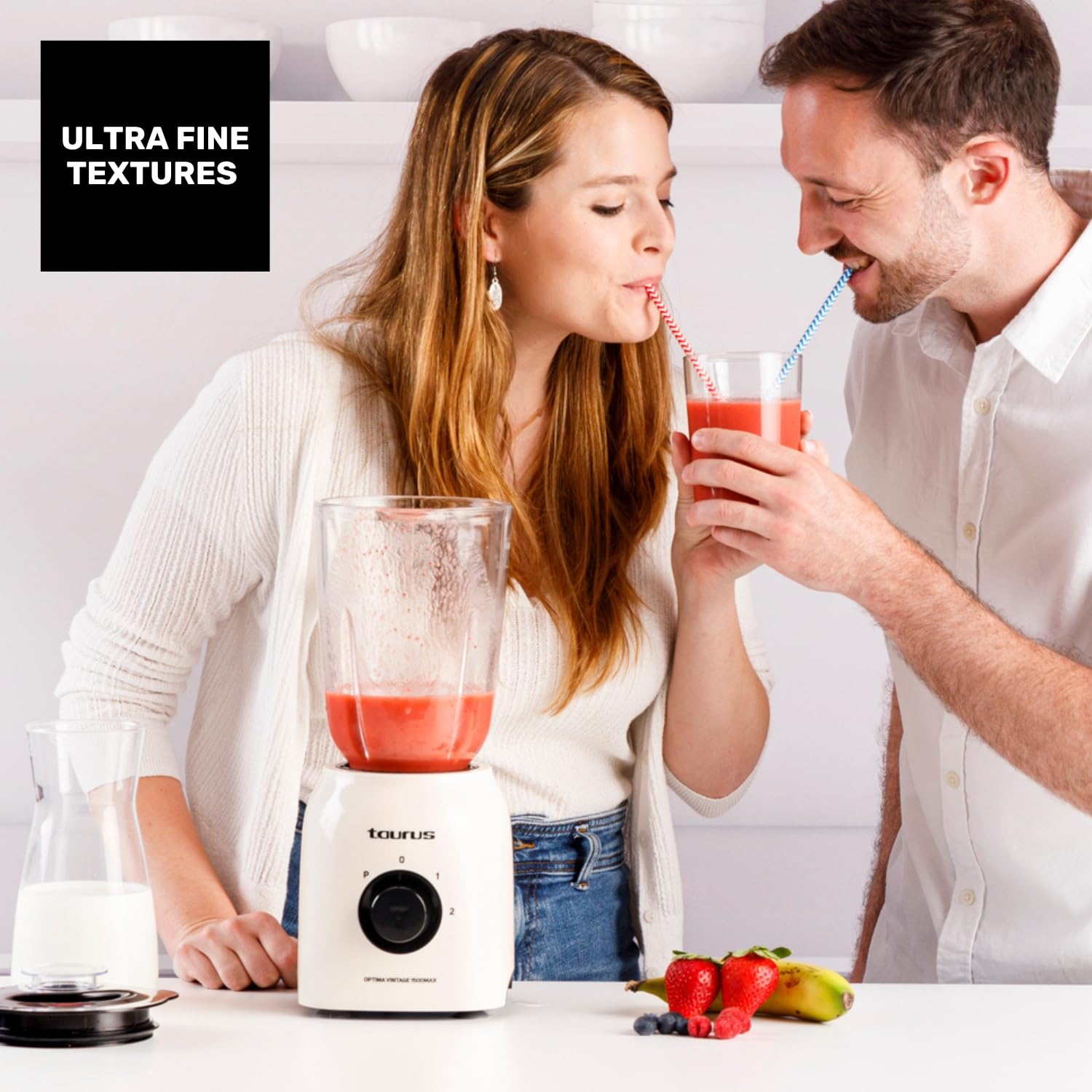 Taurus - Batidora de Vaso Potente 1500W | 21.500 rpm | Jarra Cristal 1,5L | Cuchillas Acero Inoxidable | Función Pica Hielo | 2 Velocidades + Turbo | Seguro | Diseño Vintage