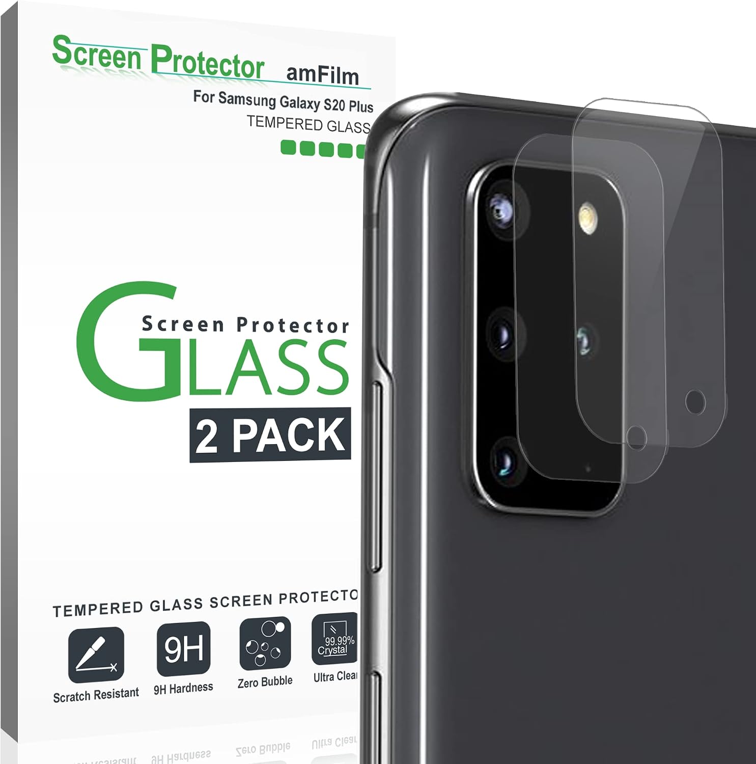 amFilm Back Camera Glass Screen Protector for Samsung Galaxy S20 Plus Rear-Facing (Back) Camera Protector (2 Pack)
