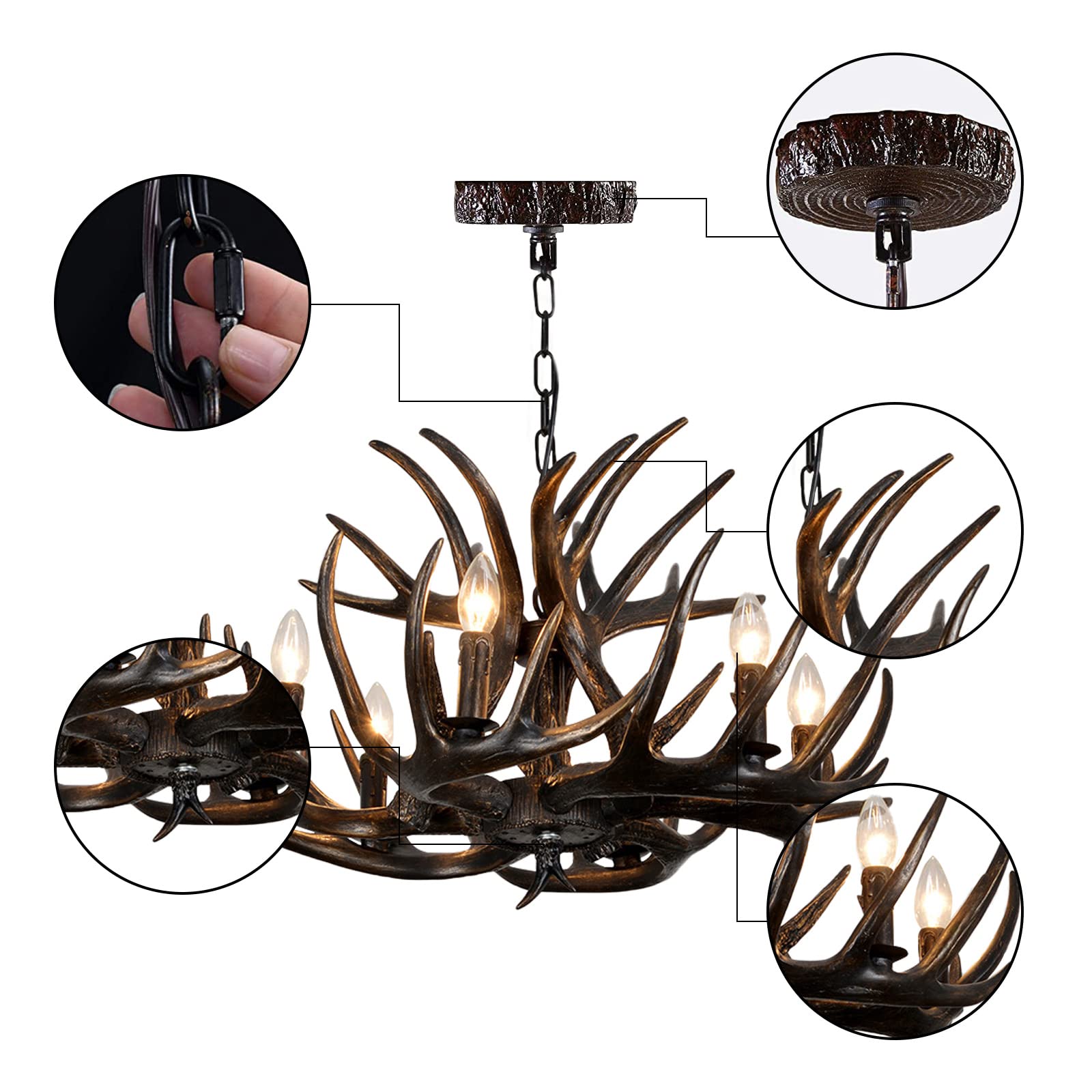 Lustre En Bois De Cerf 12 Lumières, Lustre En Bois De Cerf En Résine De