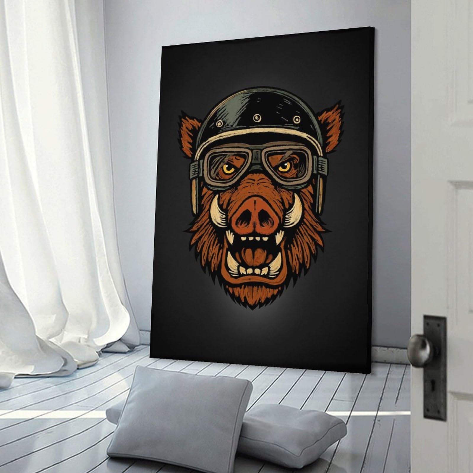 Junmoney Decorative Canvas Print Wild Boar Biker, 24x36inch(60x90cm), for Entrance Spaces, Stair Walls Or Halls, A Neat Decor Update for Hallways