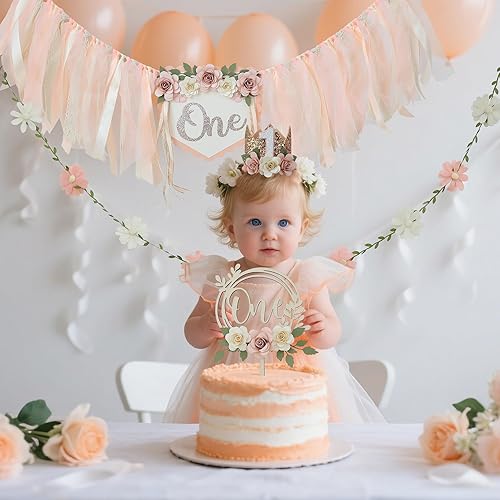 Vista 106 de Juego de decoración de primera fiesta con diseño de margaritas bohemias para silla de bebé, decoración de primera fiesta con adorno de pastel hecho