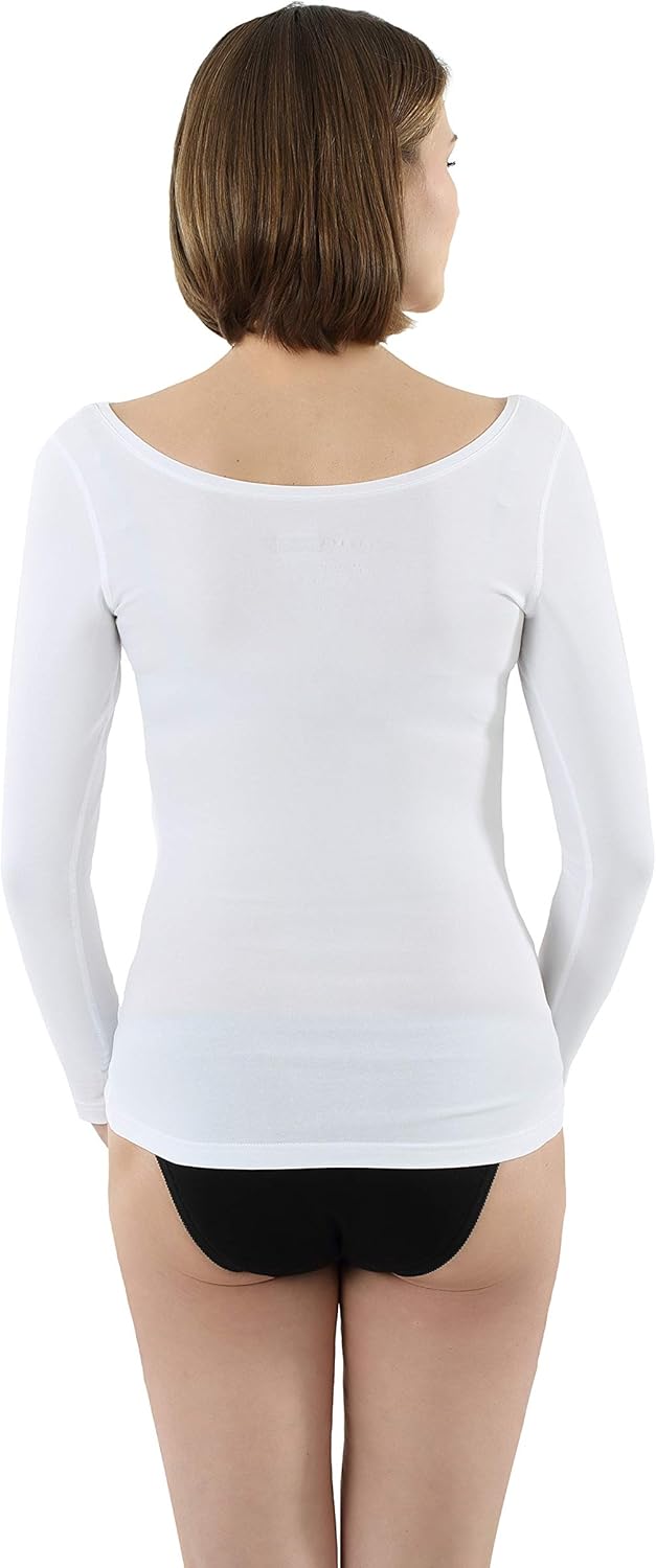 ALBERT KREUZ Women's Long Sleeve Undershirt with deep Scoop Neck Stretch Cotton White