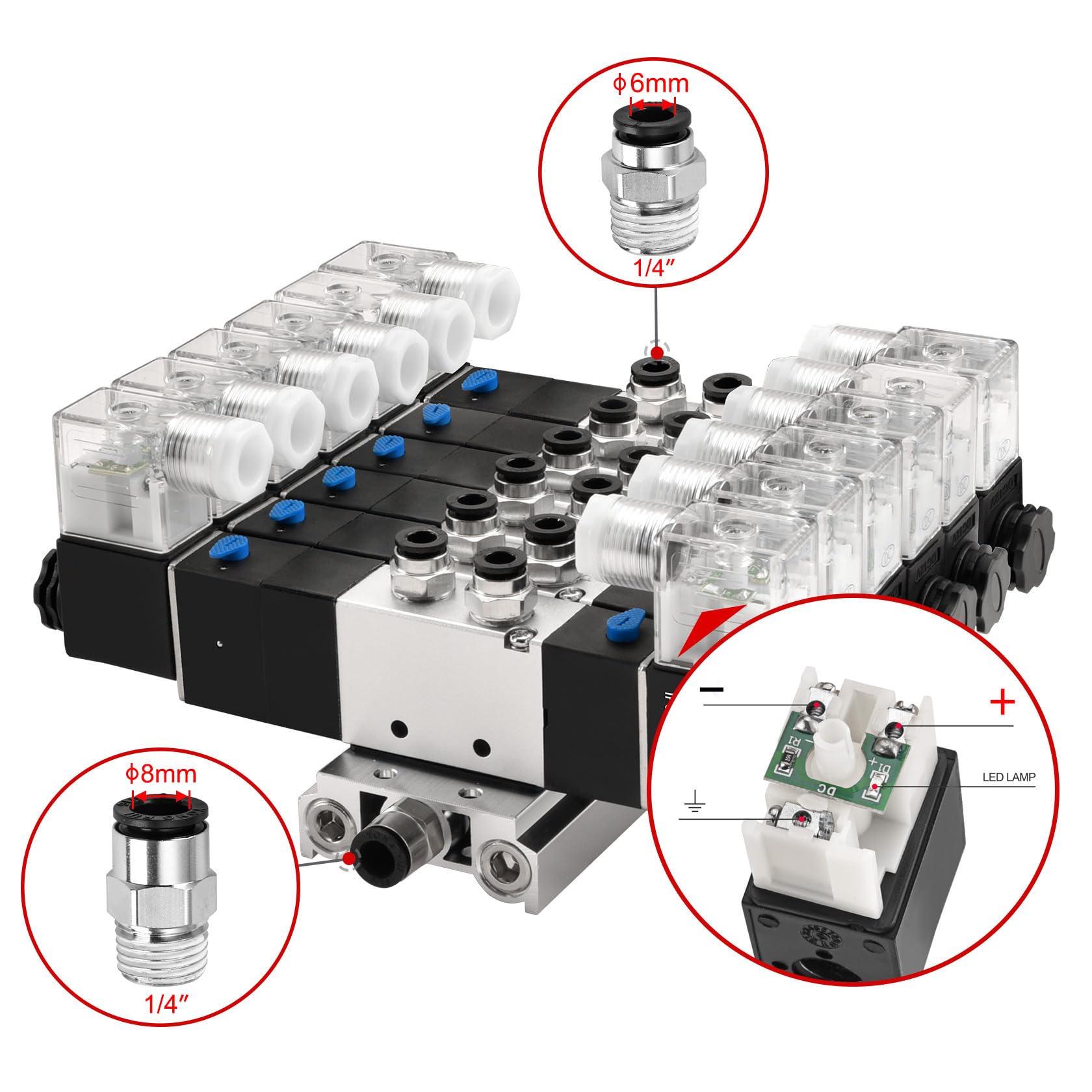 Heschen Válvula solenoide neumática eléctrica 6, 4V230C-08, 12VDC, PT1/4, 5 vías 3 posición, base del colector, silenciador, conjunto de accesorios rápidos, CE