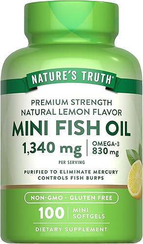 Nature's Truth Mini aceite de pescado Omega 3 | 1340 mg | 100 cápsulas blandas | Sabor a limón sin eructos | Suplemento sin OMG y sin gluten