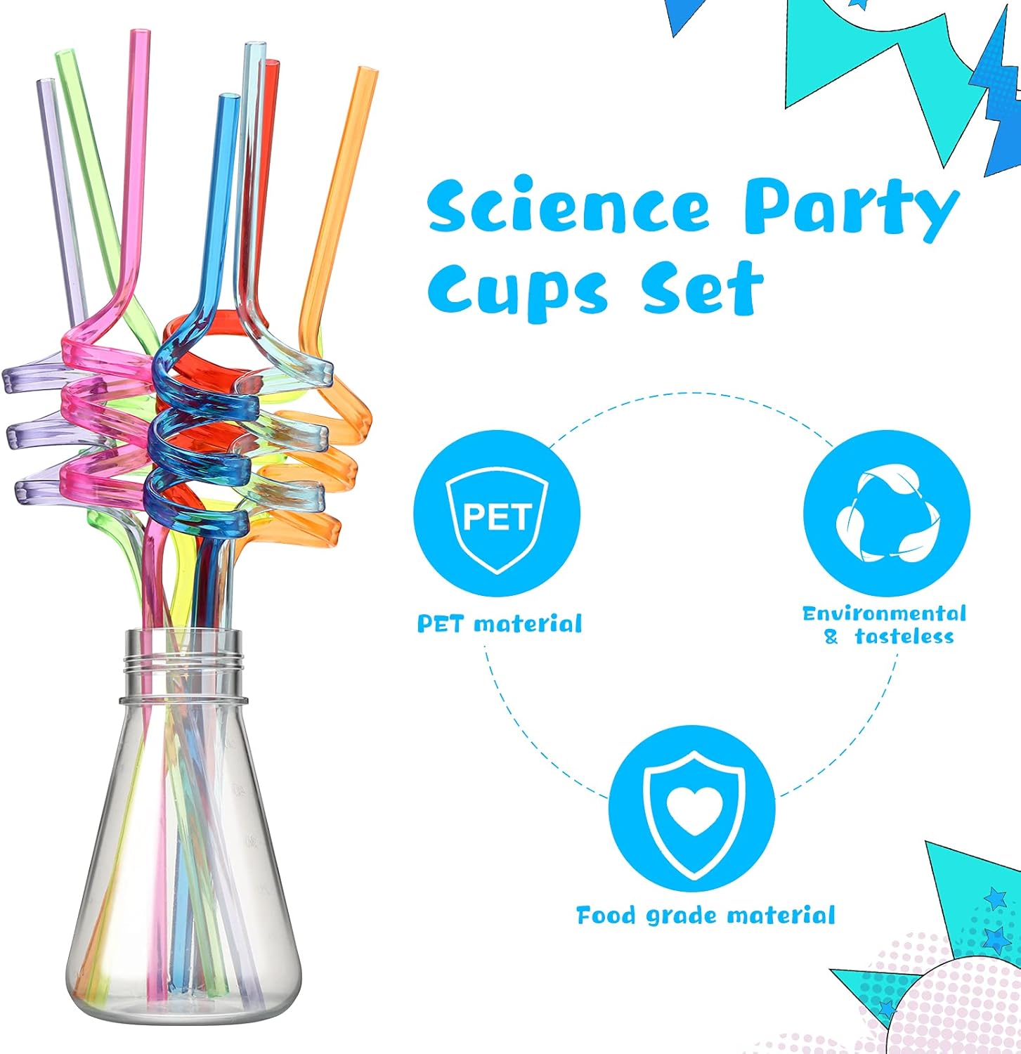 32 Pieces Science Party Theme Cups Set with Silly Loop Straws, Plastic Reusable Conical Flask Round Bottom Flask Shape Bottles and Funny Colorful Drinking Straws for Science Party Decorations