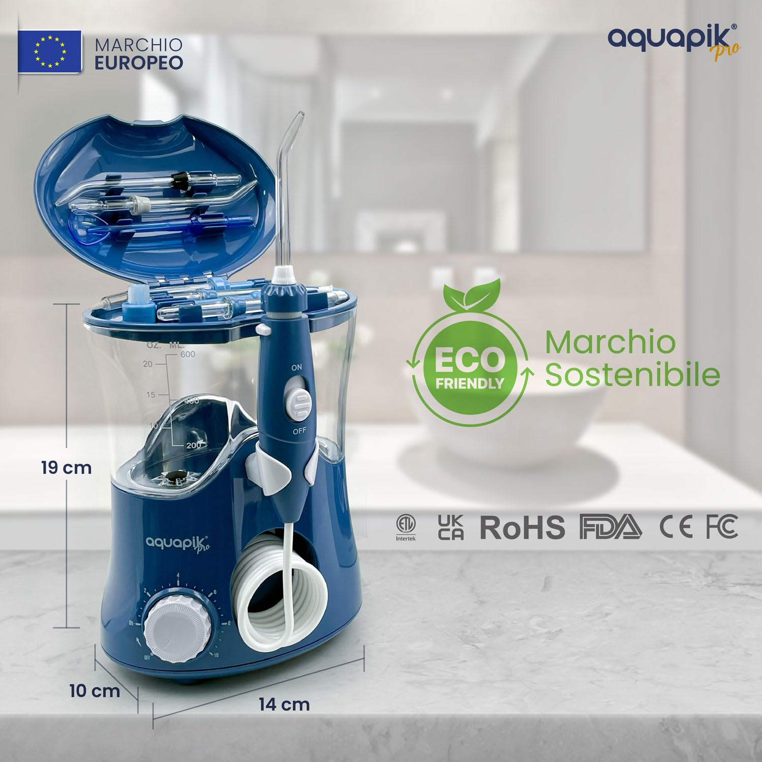 Aquapik® PRO Idropulsore Dentale Professionale | Rimuove la Placca + Raccomandato dai Dentisti + Cura Impianti e Apparecchi Ortodontici | 8 Ugelli + 10 Livelli di Pressione + Serbatoio 600 ml