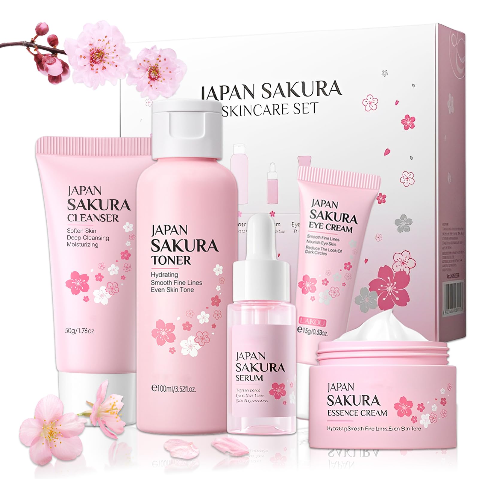 Sakura Ensemble de Soins du Visage 5 Pièces, Sakura Skin Care Set avec Nettoyant, Toner, Contour Yeux, Sérum, Crème
