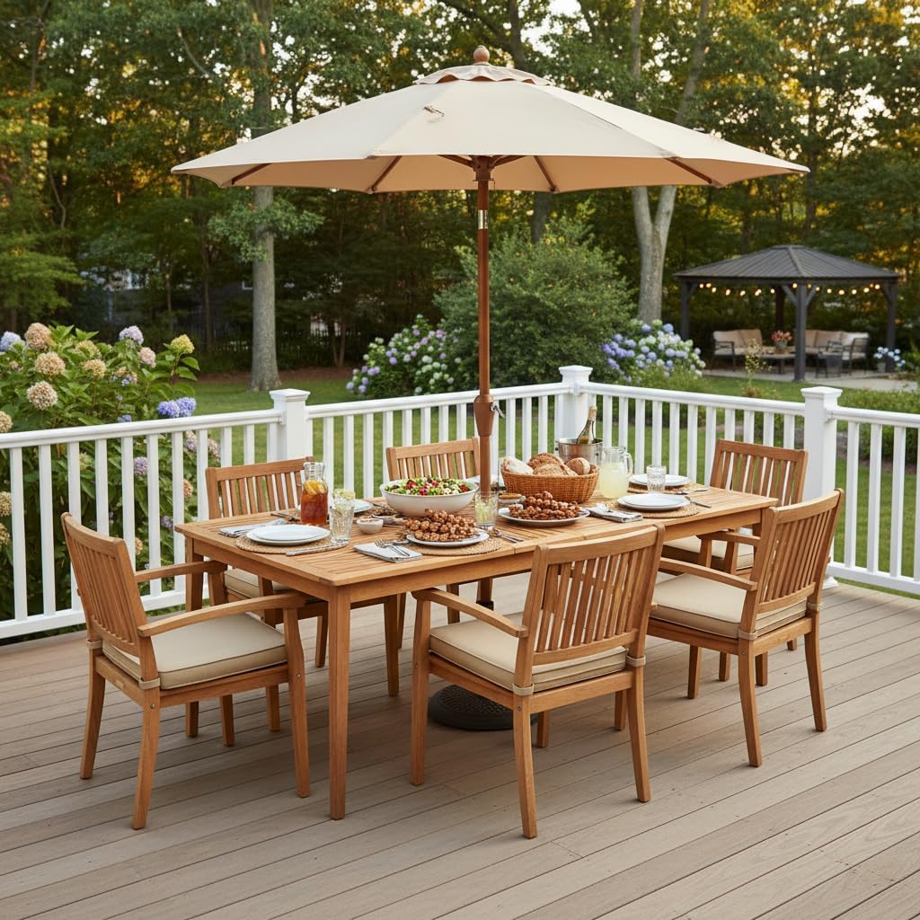 Tangkula 8-Person Outdoor Acacia Wood Dining Table, 79" x 35" Rectangular DiningTable with 1.96" Umbrella Hole, Outdoor Patio Table for Deck, Garden, Poolside and Backyard, Natural