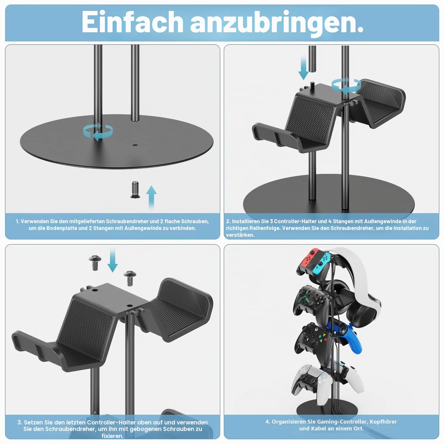 Gaming Deko Controller Halterung, 4-Stufen Controller Halter & Kopfhörer Halterung Tisch mit Kabel Gaming Organizer, Kopfhörer Halter für Universaler Controller/Headset, Gaming Zubehör Zimmer Deko