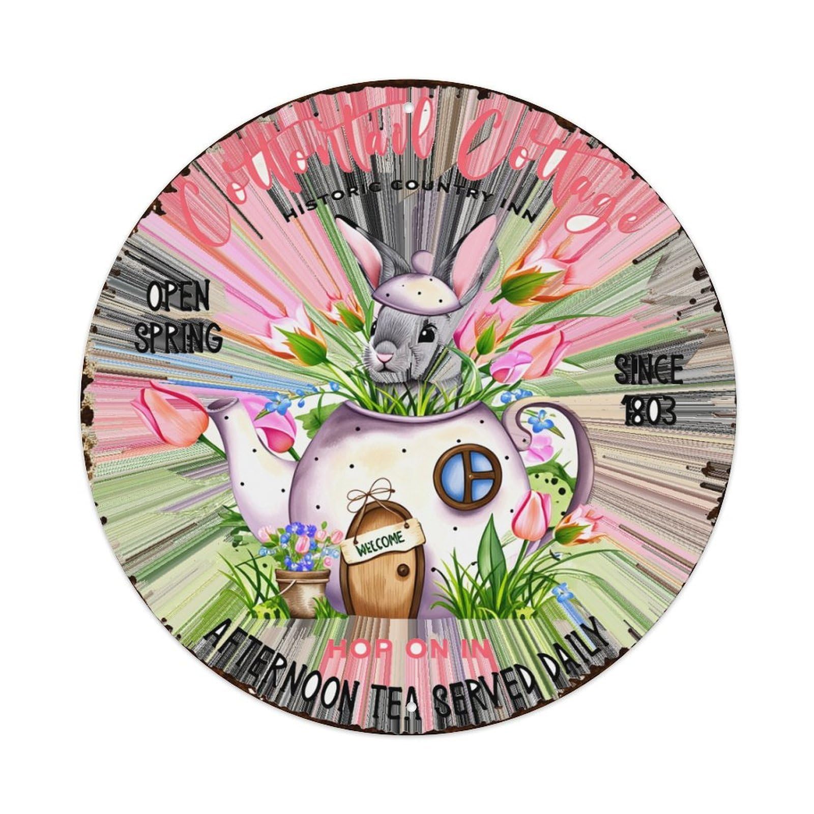 Cottontail Cottage Tea Pot Bunny Flowers Round Tin Sign Retro Metal Sign for Cafe Bar Pub Home Game Room Gym Club Wall Decoration Vintage Metal Poster 8x8 Inch