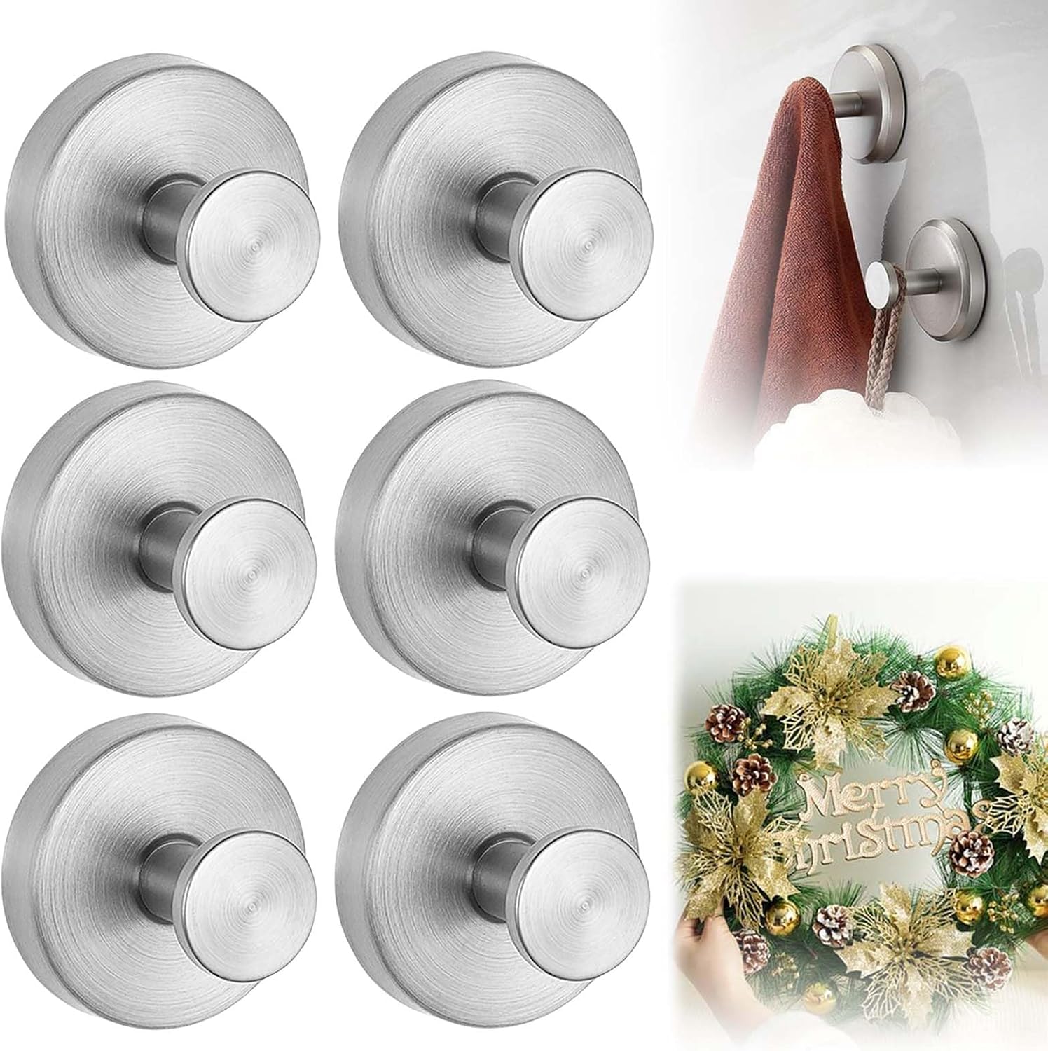 Suction Cup Hooks for Wreaths on Glass, Upgrade No-Drill Shower Hooks for Shower, Removable Reusable Stainless Steel Waterproof Suction Cup Hook for Bathroom, Kitchen, Window, Mirror (White, 6PCS)