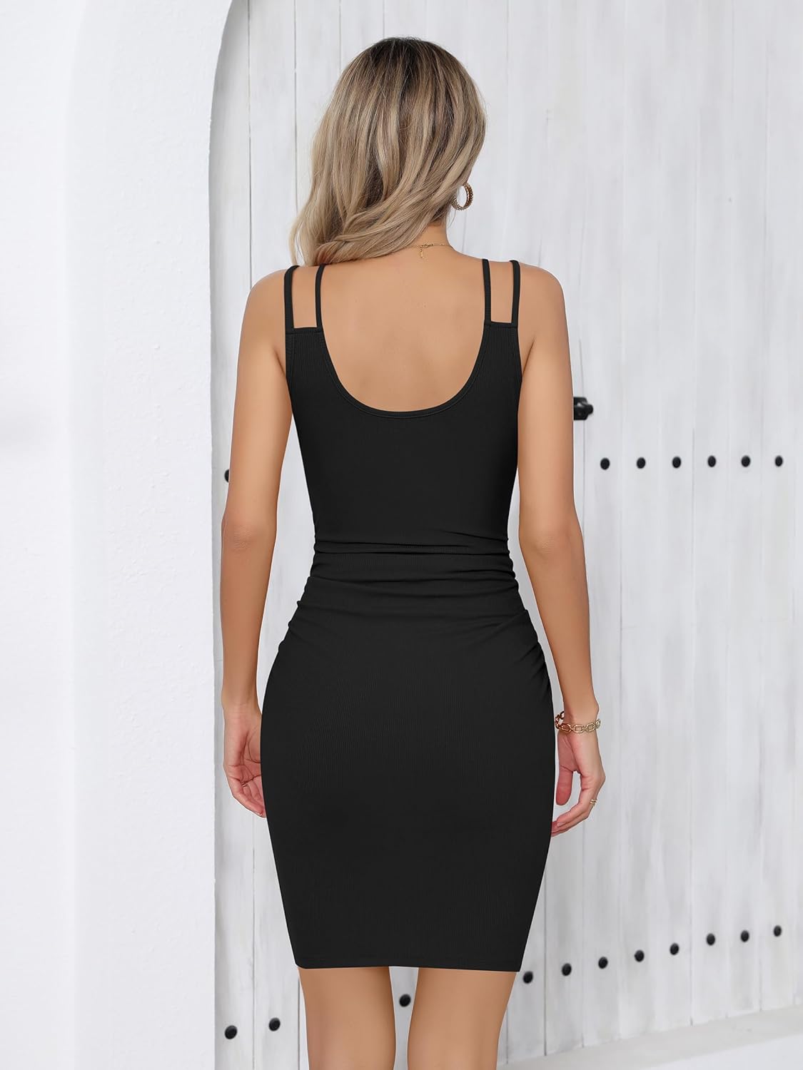 Missufe Women's V Neck Sleeveless Ruched Bodycon Sundress Summer Casual Mini Cami Dress (Black, X-Large) - Image 2