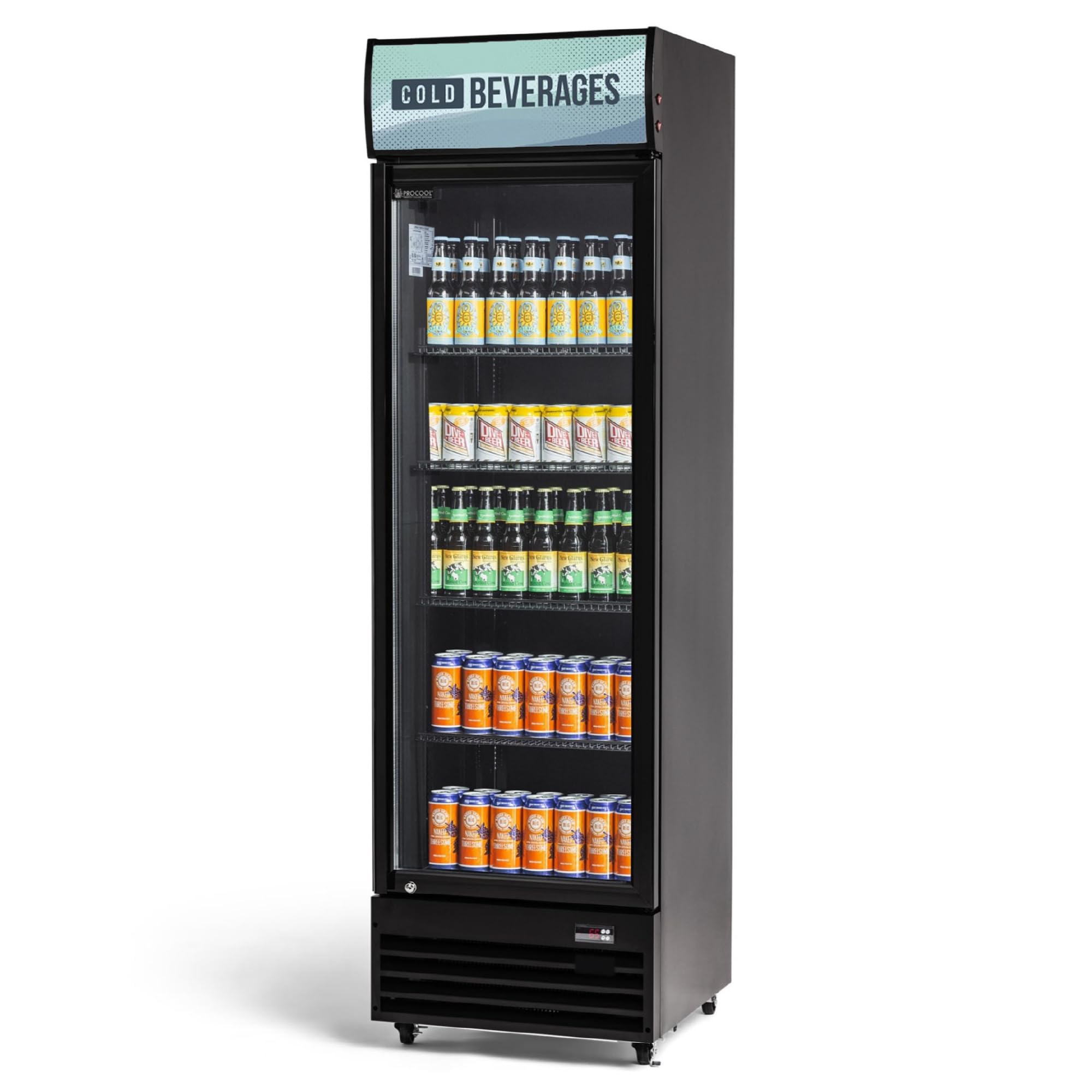 Procool Black Display Refrigerator, 12.7 CuFt, 1 Door, Cold Beverages Sign