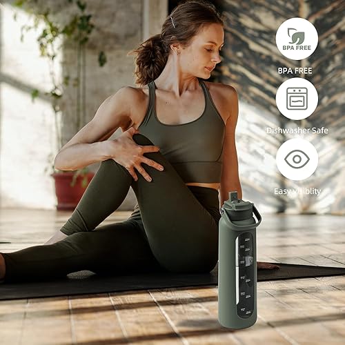 Miniatura 7 de Botella de agua de vidrio de 32 onzas con 2 tapas, tapa de popote y tapa de bambú, vaso motivacional de 1 litro, marcador de tiempo, botellas de