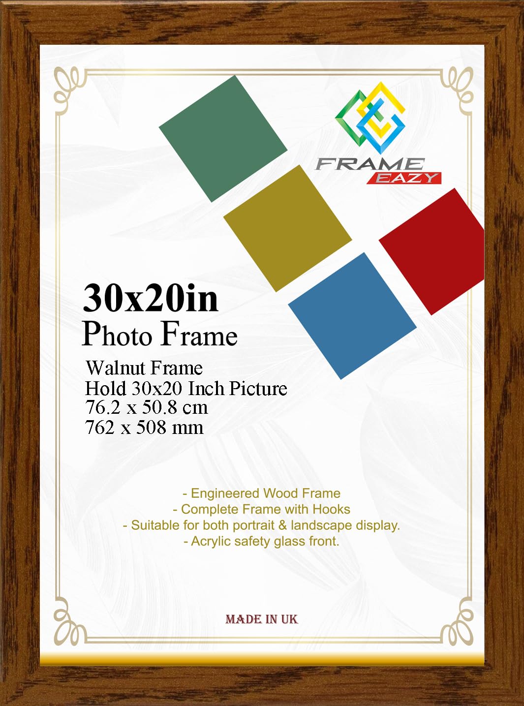 Modern Walnut Maxi Poster Frame 30 x 20 Inch (76.2 x 50.8cm) Large Picture Frames with Safe Clear Perspex Front & Wall Mounting - 20" x 30" Premium Wall Photo Frames