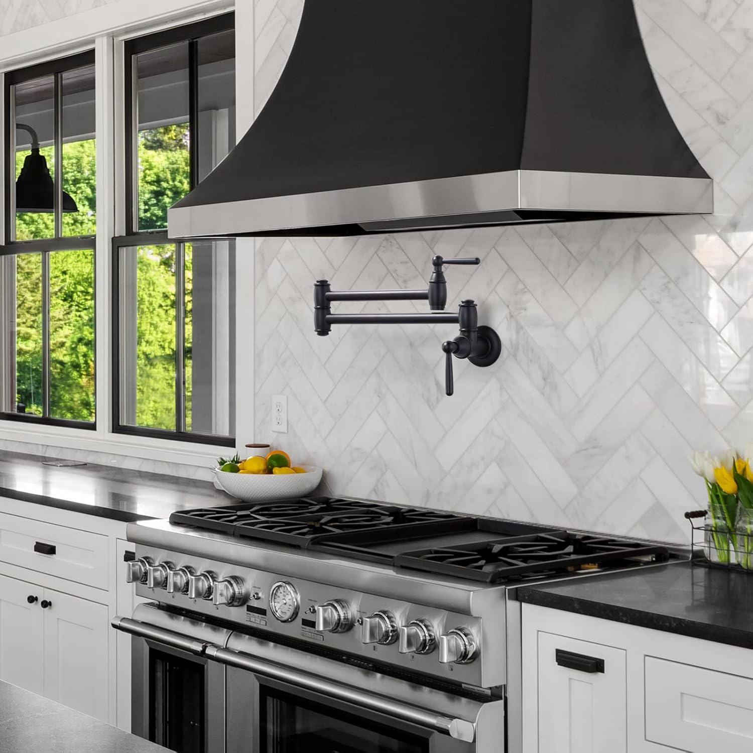Black Pot Filler, ARCORA Modern Pot Filler Faucet Wall Mount 2 Handle with Double Joint Swing Arms Brass Stove Faucet