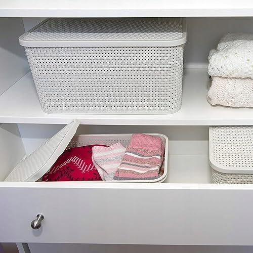 Rattan Effect Storage Handy Basket Box Plastic With Lid Kitchen Bathroom Stackable Organize Decorative (White, 7L (285 x195 x129mm)) - Cosy Home Interiors Rattan Effect Storage Handy Basket Box Plastic With Lid Kitchen Bathroom Stackable Organize Decorative (White, 7L (285 x195 x129mm)) - Image 3