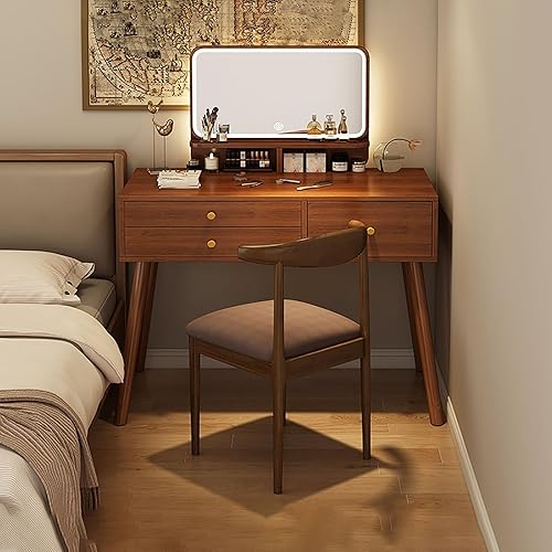 Miniatura 12 de Tocador con espejo de luces, escritorio de maquillaje de madera con taburete acolchado, moderno escritorio de tocador para dormitorio con taburete