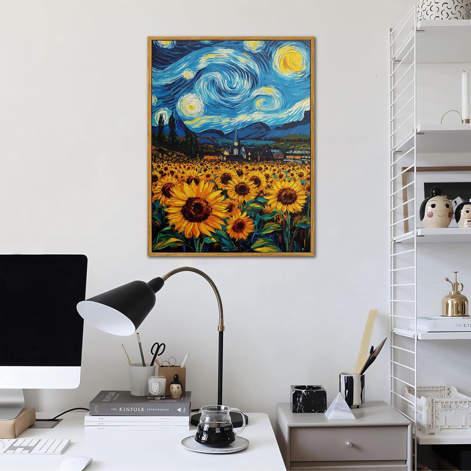 Starry Night Inspired Sunflower Field Canvas Wall Art - Impressionist Art Print - Vibrant Home Decor for Living Room Bedroom Office - HD Waterproof Premium Stretched Framed Ready to Hang 12x16 Inches