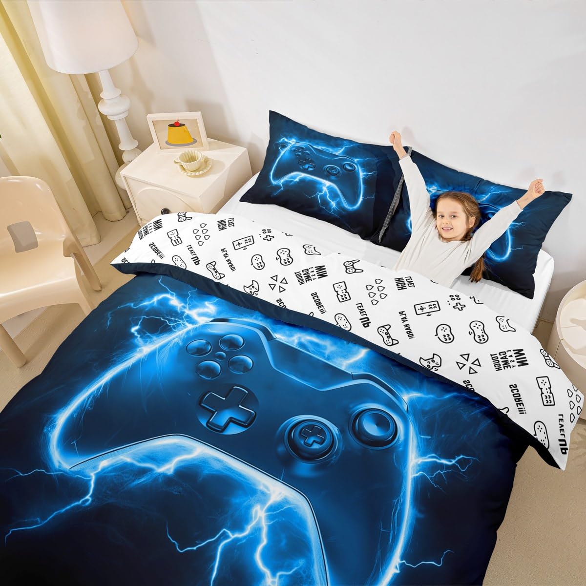 Manfei Juego de funda de edredón azul Super King, juego de ropa de cama moderno de 3 piezas, funda de edredón con diseño de mando de videojuegos, decoración de habitación de niños y adolescentes