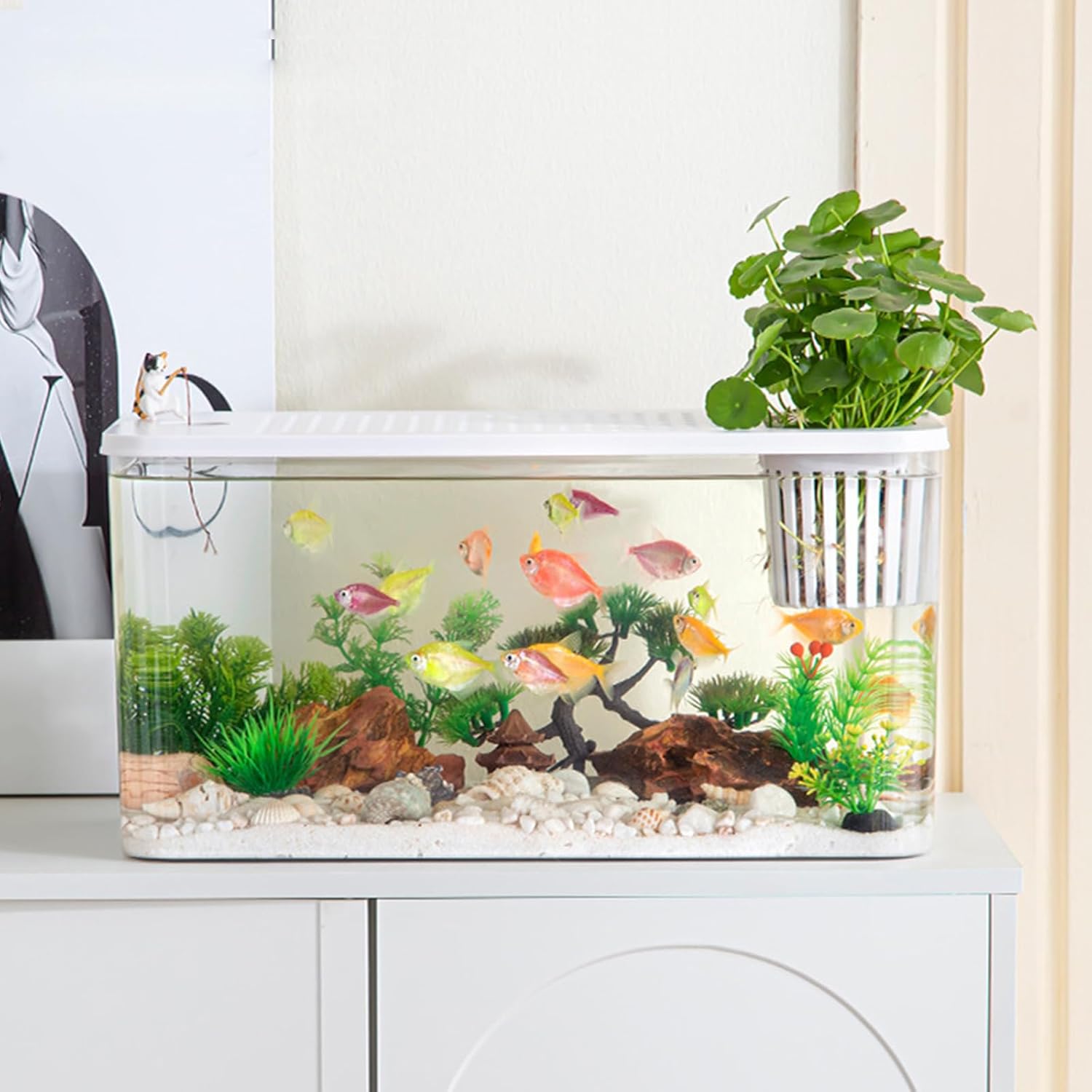 Modern Leakproof Aquarium with Lid & Plant Holder, Home Desktop Fish Habitat for Fish Bowl