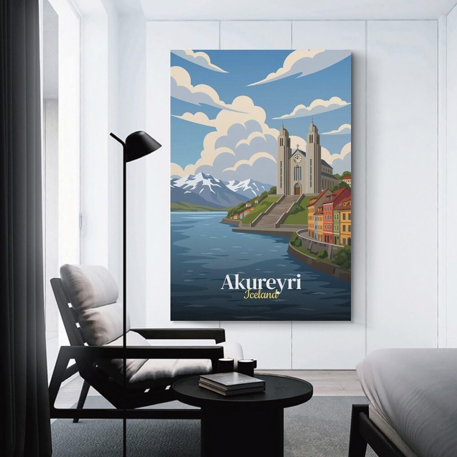 Junmoney Wall Art Print Akureyri Iceland Travel, 24x36inch(60x90cm), for Living Room, Lounge Or Sitting Room, Eye Catching Artwork for Blank Walls