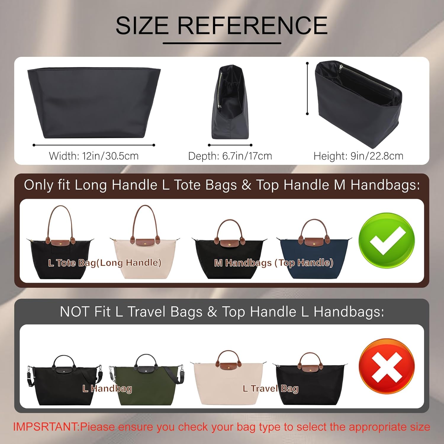 Doxo Nylon Purse Organizer Insert for Longchamp Le Pliage Tote Handbag, Large Long champ Organizer with 8 Compartments & Zipper Pocket & Bottle Holder, Lightweight Water-Resistant Bag insert (L,Black)
