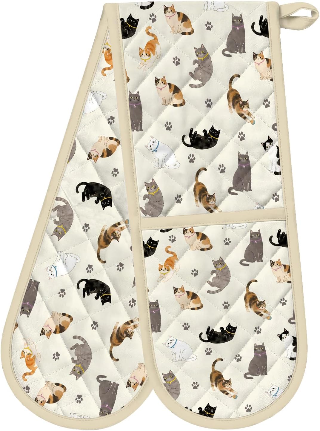 Funny Cat Double Oven Mitts - Heat Resistant with Cotton Lining & Hanging Ropes, Extra Long Oven Mitts Cute for Baking, BBQ, Kitchen Gadgets| Christmas Birthday Gift for Cat Lovers, Mom