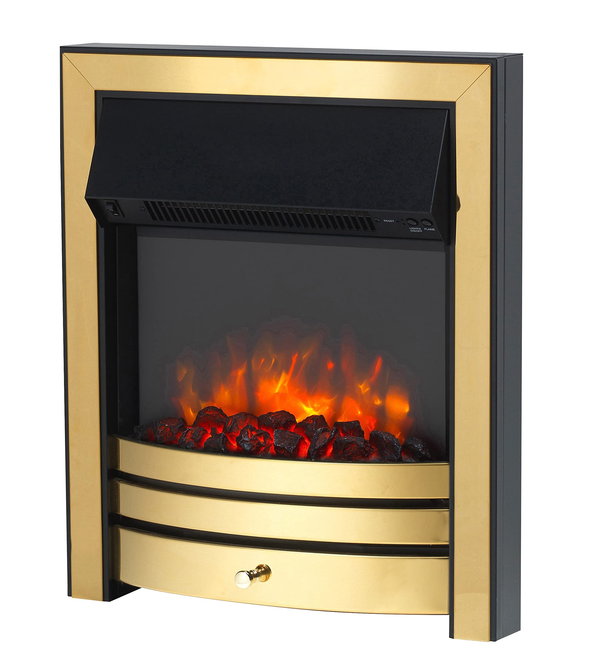 Endeavour Fires And Fireplaces Brass Endeavour Fires Roxby Inset Electric Fire Trim And Fret, 220/240Vac 1&2Kw, 7 Day Programmable Remote Control Freestanding Electric Fire (With Half Depth Spacer) Size 1