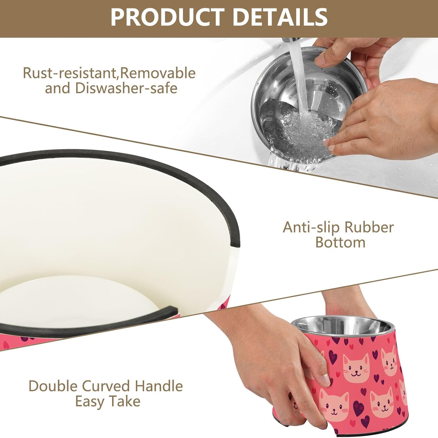 Heart Cartoon Cat Blush Pets Food Bowls Non Skid Stainless Steel Cats Basic Bowls for Loving Pet Whisker Friendly