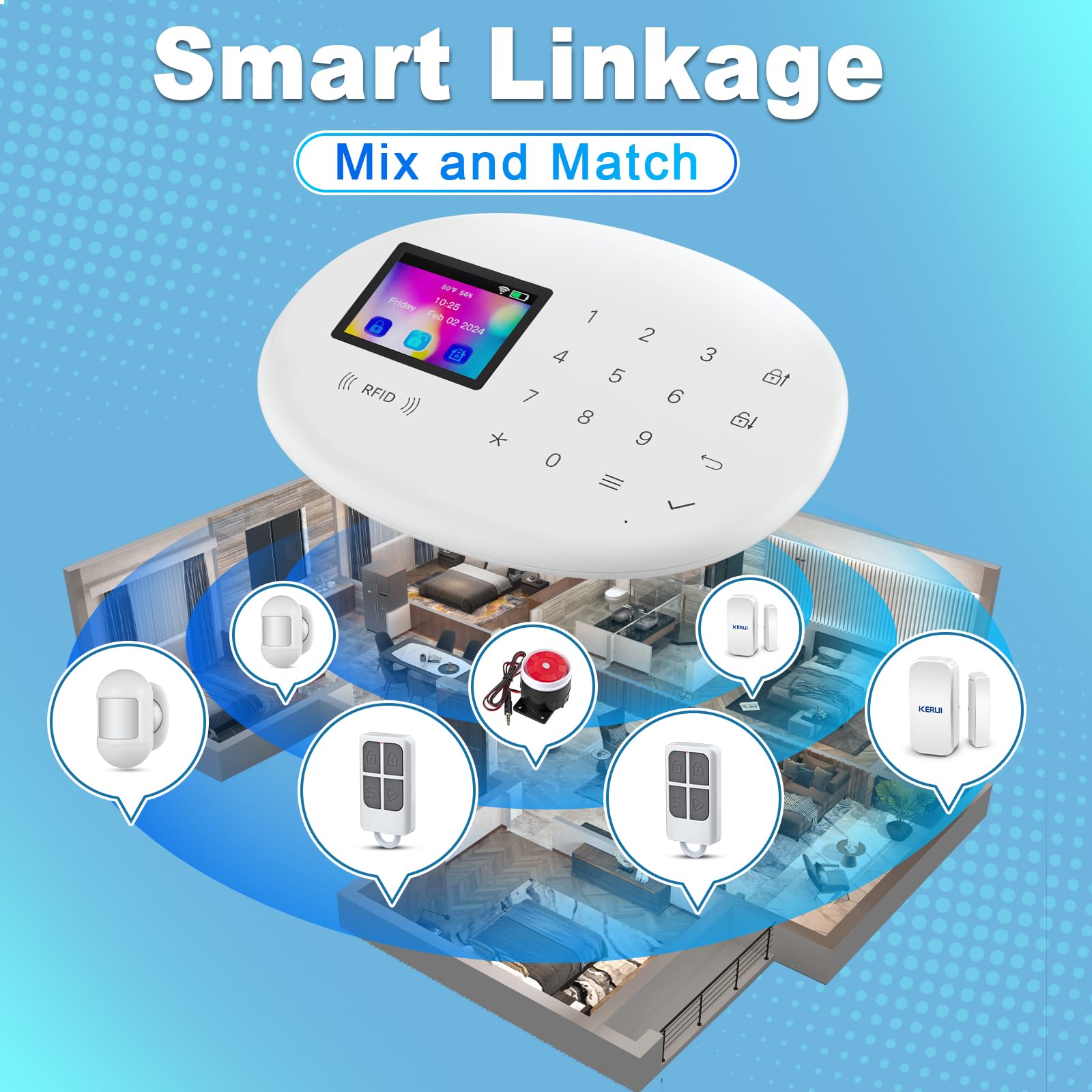 TOWODE W204 Système d'alarme de maison sans fil – Batterie et alimentation secteur double alimentation avec capteurs de mouvement, capteurs de porte et télécommandes radio pour appartements et maisons