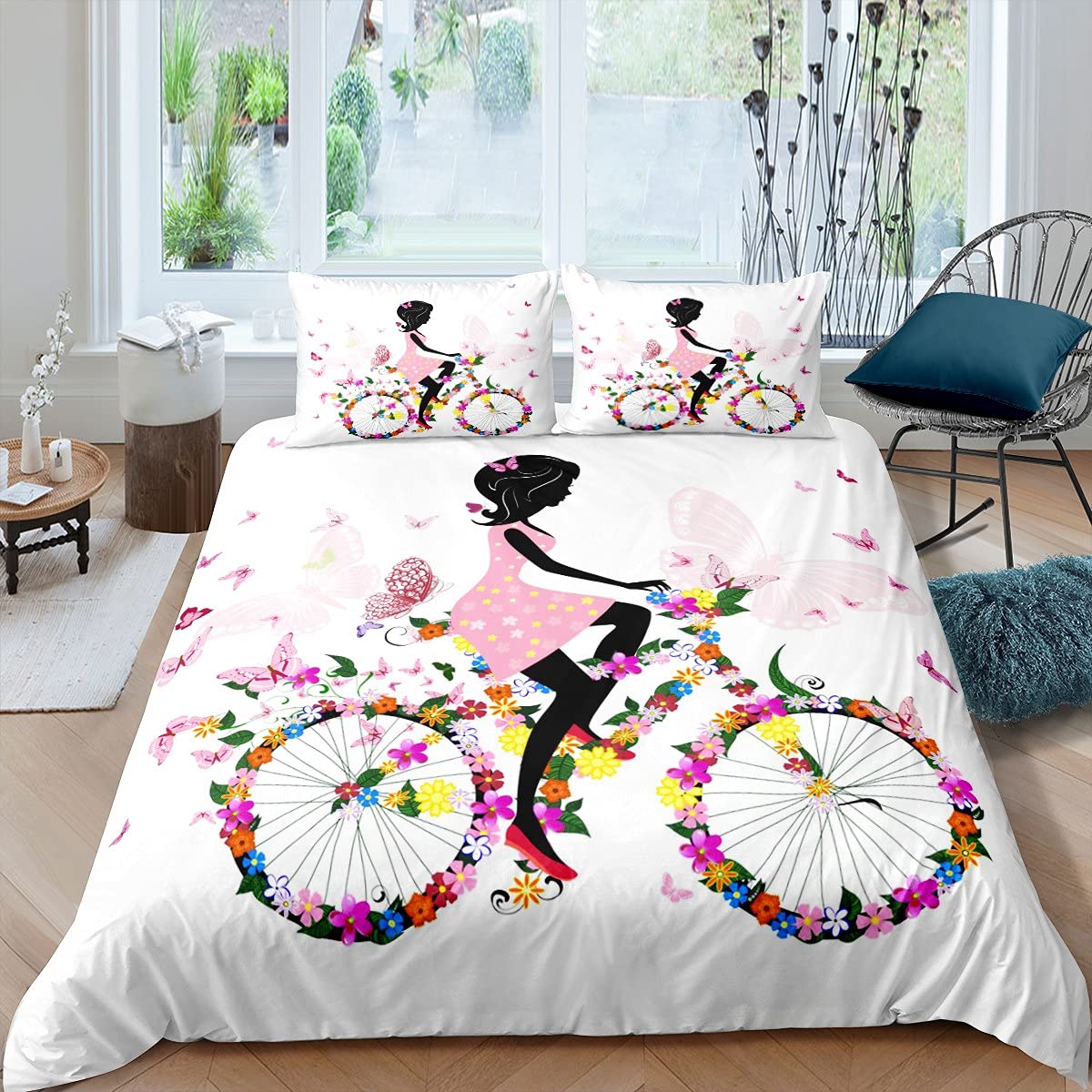 Décor de chambre romantique parure de lit grand format motif papillons roses
