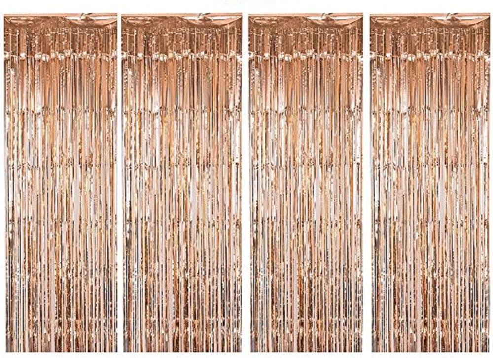 Shiny Metallic Foil Fringe Curtain Rose Gold Door & Window Curtain Party Decoration Champagne Themed Bridal Shower Supplies (3 ft X 6 ft) (4 pack)